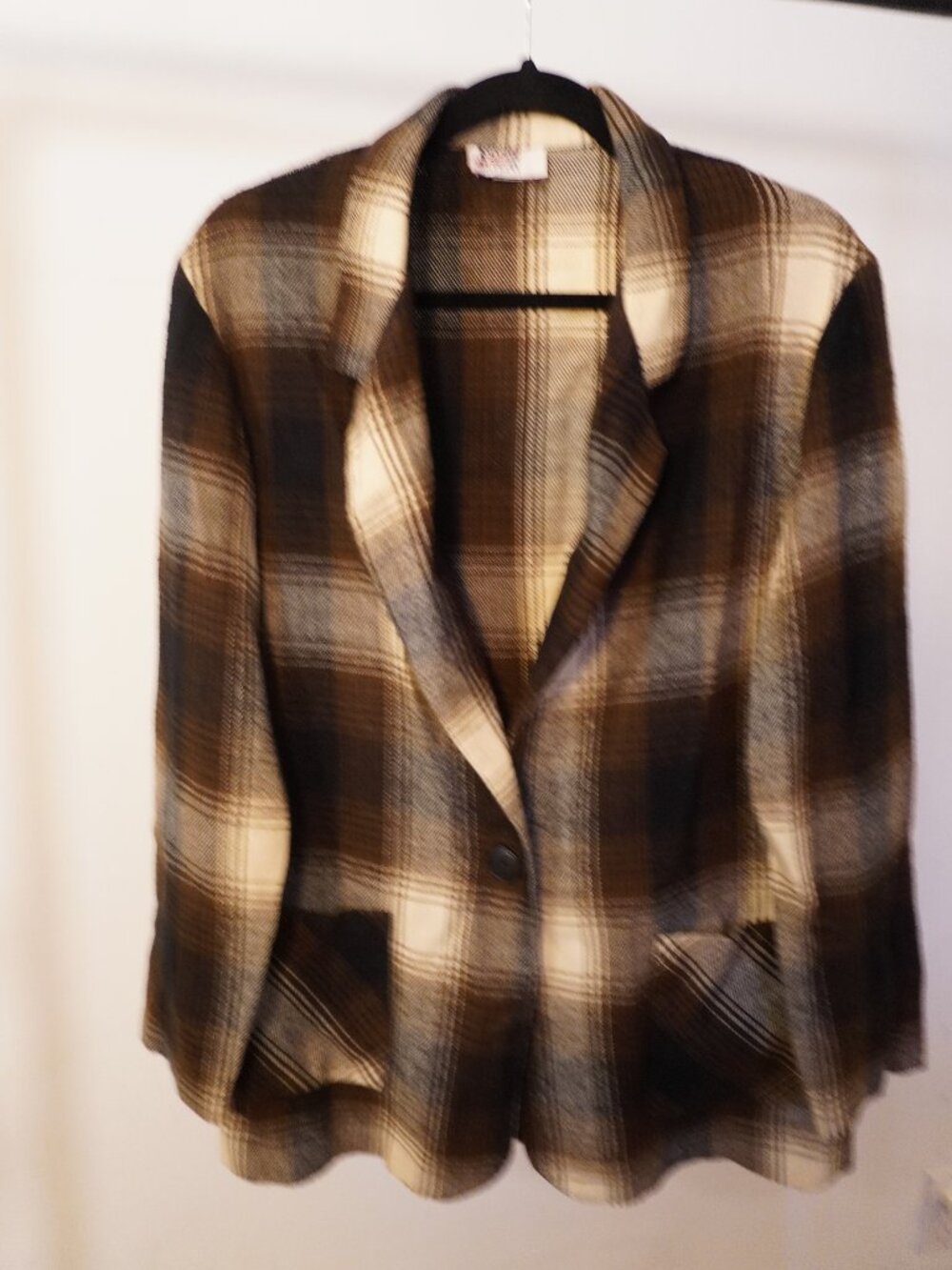 Vintage Sarah Morgan Brown & Cream Plaid Oversized Blazer